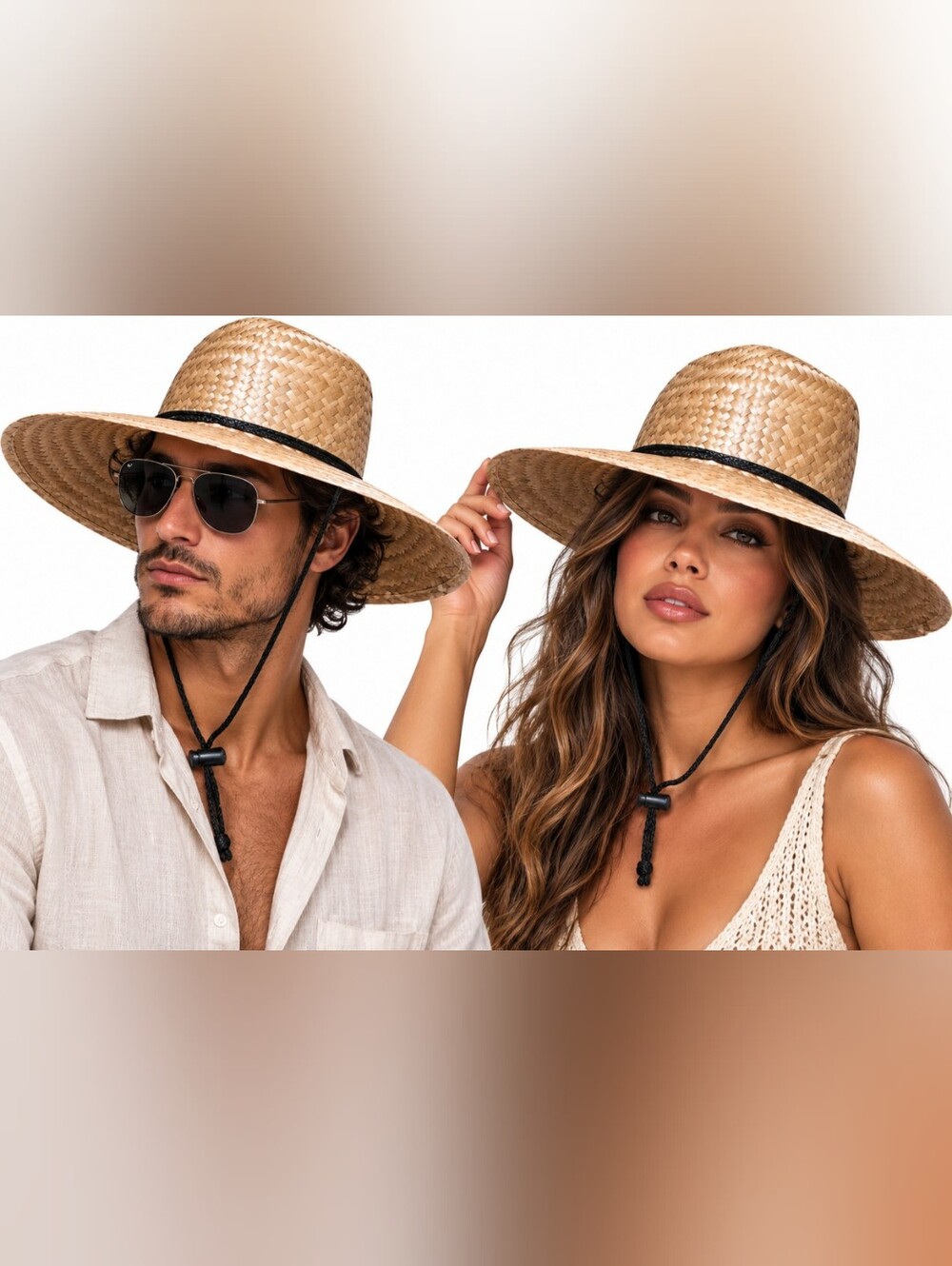 New Wide Brim Woven Straw Sun Hat w/ Black Chin Cord Adjustable Toggle Oversized